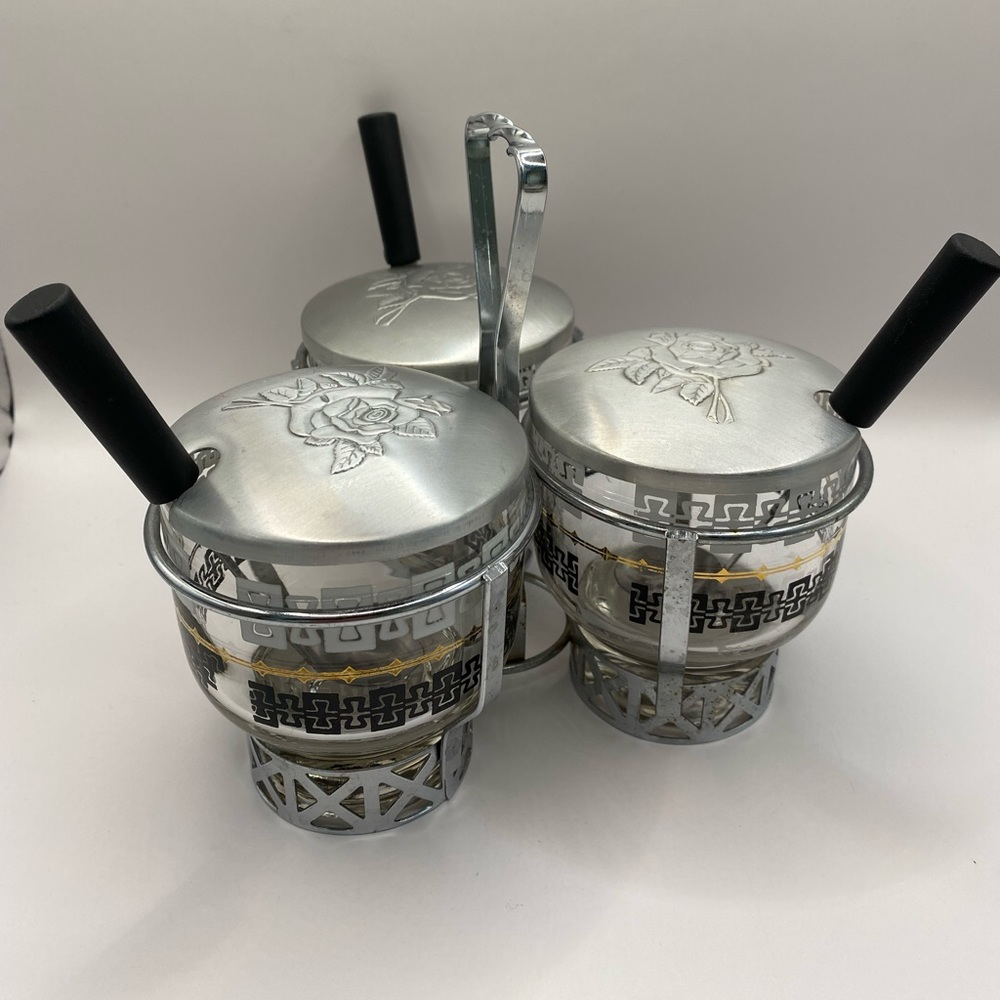 Libby Glass MCM 7pc condiment caddy set. Vintage glass w/ aluminum lids.